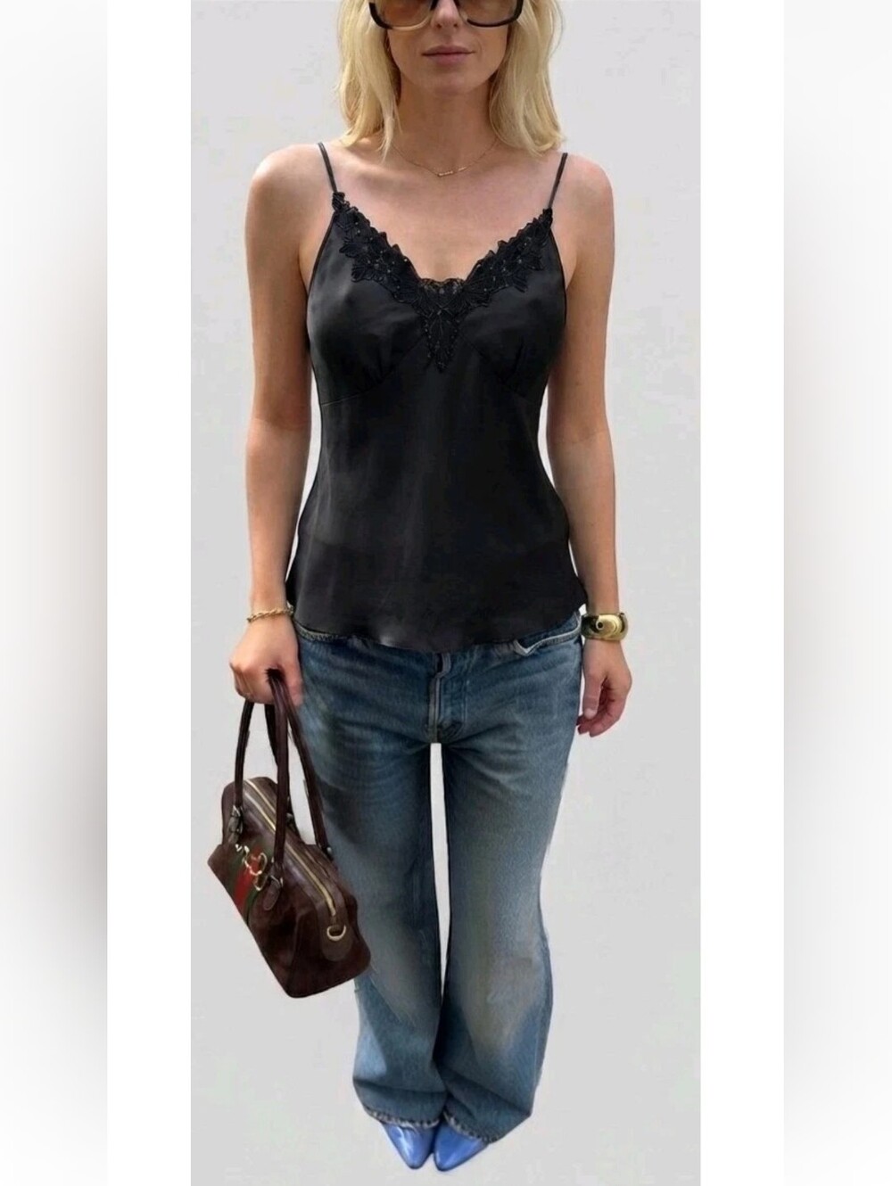 NWT Vintage Halston Jeans 100% Silk Camisole Top Black Lace Beaded! Size S